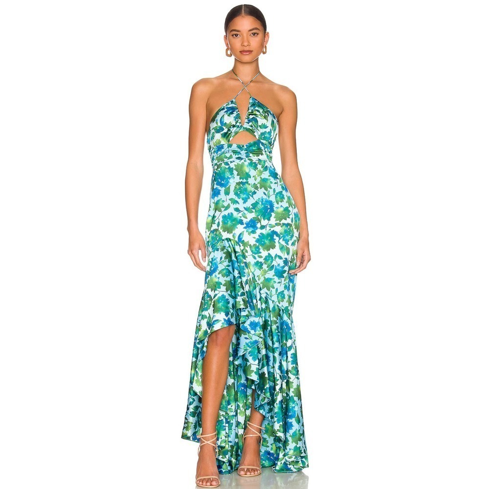 B87 AMUR Edie High Low Tie Neck Gown Womens 2 Cerulean Lotus Block Print Wedding
